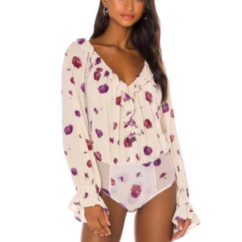 Free People Cream and Purple Floral Bodysuit Size Medium